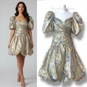 Vtg 80s The Gilberts for Tally Gold Metallic Lame Bubble Hem Puff Sleeve Dress 2